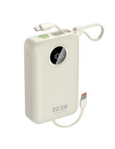 
K14+ 20000mAh 22.5W USB-C USB-A išorinė baterija su integruotais iPhone Lightning USB-C laidais – balta
