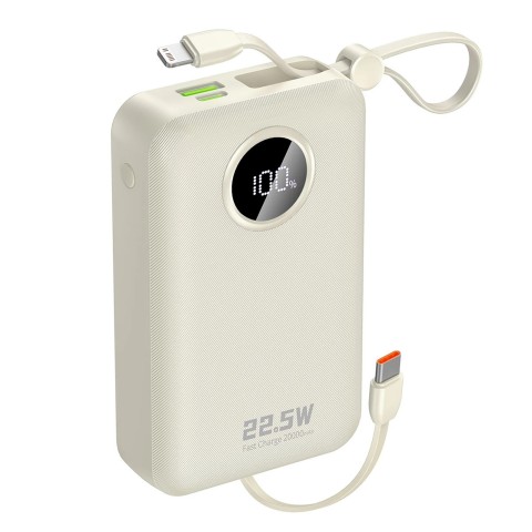 
K14+ 20000mAh 22.5W USB-C USB-A išorinė baterija su integruotais iPhone Lightning USB-C laidais – balta
