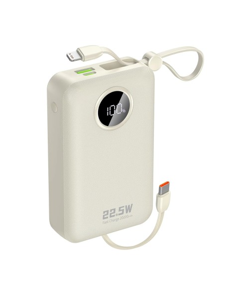 
K14+ 20000mAh 22.5W USB-C USB-A išorinė baterija su integruotais iPhone Lightning USB-C laidais – balta
