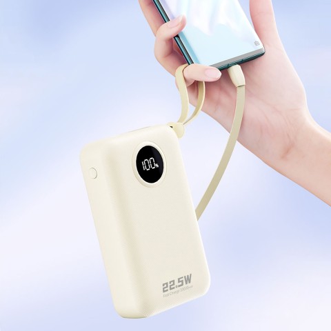 
K14+ 20000mAh 22.5W USB-C USB-A išorinė baterija su integruotais iPhone Lightning USB-C laidais – balta
