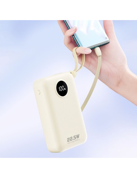 
K14+ 20000mAh 22.5W USB-C USB-A išorinė baterija su integruotais iPhone Lightning USB-C laidais – balta

