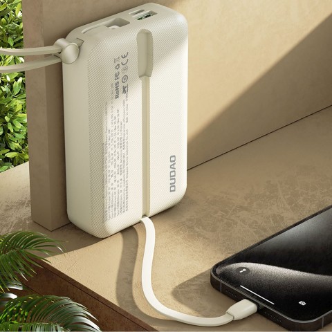 
K14+ 20000mAh 22.5W USB-C USB-A išorinė baterija su integruotais iPhone Lightning USB-C laidais – balta
