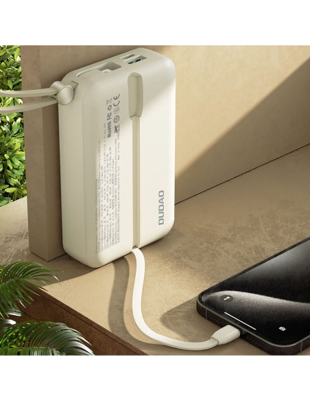 
K14+ 20000mAh 22.5W USB-C USB-A išorinė baterija su integruotais iPhone Lightning USB-C laidais – balta
