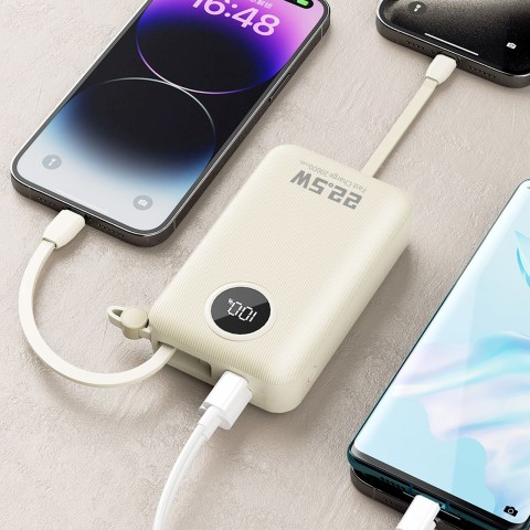 
K14+ 20000mAh 22.5W USB-C USB-A išorinė baterija su integruotais iPhone Lightning USB-C laidais – balta
