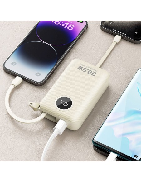 
K14+ 20000mAh 22.5W USB-C USB-A išorinė baterija su integruotais iPhone Lightning USB-C laidais – balta
