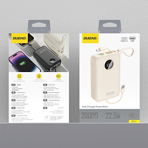 
K14+ 20000mAh 22.5W USB-C USB-A išorinė baterija su integruotais iPhone Lightning USB-C laidais – balta
