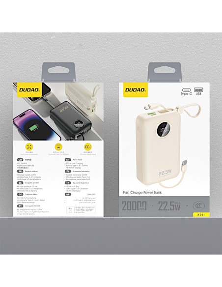 
K14+ 20000mAh 22.5W USB-C USB-A išorinė baterija su integruotais iPhone Lightning USB-C laidais – balta

