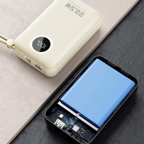 
K14+ 20000mAh 22.5W USB-C USB-A išorinė baterija su integruotais iPhone Lightning USB-C laidais – balta
