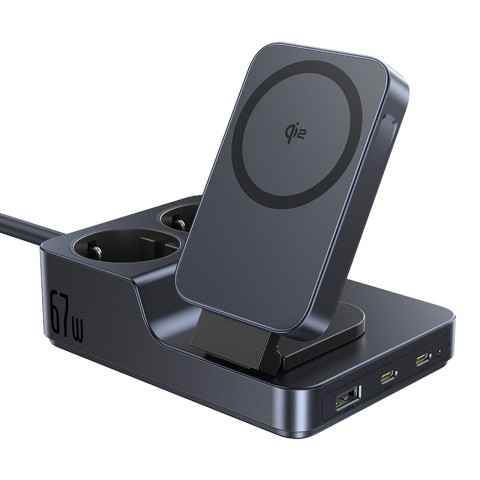 
6 viename belaidė įkrovimo stotelė USB-A USB-C 2x AC lizdai 67W - juoda
