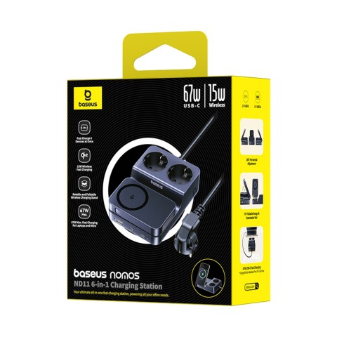
6 viename belaidė įkrovimo stotelė USB-A USB-C 2x AC lizdai 67W - juoda
