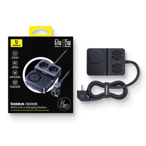 
6 viename belaidė įkrovimo stotelė USB-A USB-C 2x AC lizdai 67W - juoda
