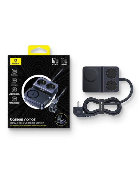 
6 viename belaidė įkrovimo stotelė USB-A USB-C 2x AC lizdai 67W - juoda
