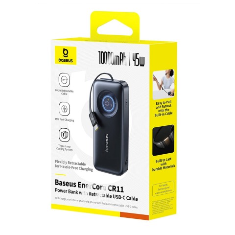 
„EnerCore CR11“ 10000mAh 45W USB-C išorinė baterija su ištraukiamu USB-C laidu – juoda
