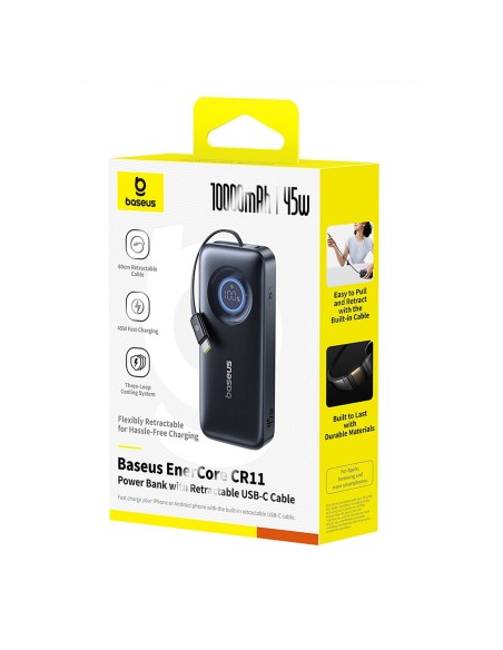 
„EnerCore CR11“ 10000mAh 45W USB-C išorinė baterija su ištraukiamu USB-C laidu – juoda
