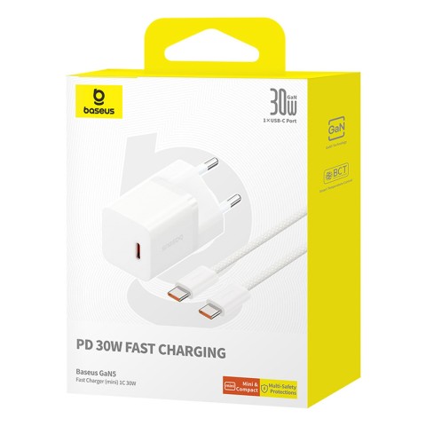 
USB-C GaN5 30W sieninis įkroviklis su 100W 1m USB-C laidu – baltas
