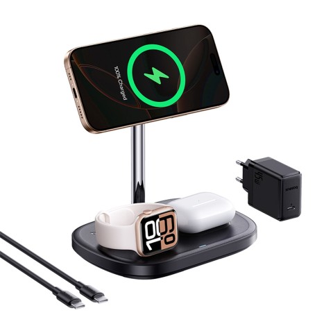 
3 viename indukcinis įkroviklis išmaniajam telefonui, laikrodžiui, ausinėms su vėsinimu ir USB-C laidu, 45 W - juodas
