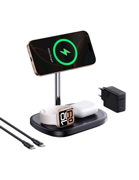 
3 viename indukcinis įkroviklis išmaniajam telefonui, laikrodžiui, ausinėms su vėsinimu ir USB-C laidu, 45 W - juodas
