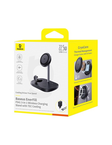 
3 viename indukcinis įkroviklis išmaniajam telefonui, laikrodžiui, ausinėms su vėsinimu ir USB-C laidu, 45 W - juodas

