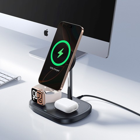 
3 viename indukcinis įkroviklis išmaniajam telefonui, laikrodžiui, ausinėms su vėsinimu ir USB-C laidu, 45 W - juodas
