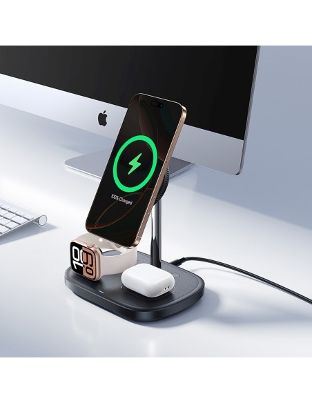
3 viename indukcinis įkroviklis išmaniajam telefonui, laikrodžiui, ausinėms su vėsinimu ir USB-C laidu, 45 W - juodas
