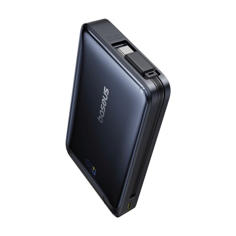 
10000 mAh magnetinė išorinė baterija su stovu ir integruotu USB-C Qi2 MagSafe 30W laidu – juoda
