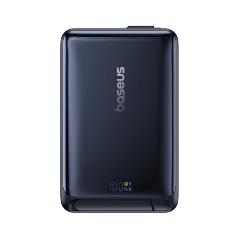 
10000 mAh magnetinė išorinė baterija su stovu ir integruotu USB-C Qi2 MagSafe 30W laidu – juoda
