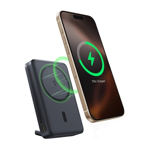 
10000 mAh magnetinė išorinė baterija su stovu ir integruotu USB-C Qi2 MagSafe 30W laidu – juoda

