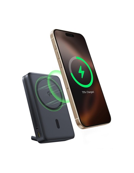 
10000 mAh magnetinė išorinė baterija su stovu ir integruotu USB-C Qi2 MagSafe 30W laidu – juoda
