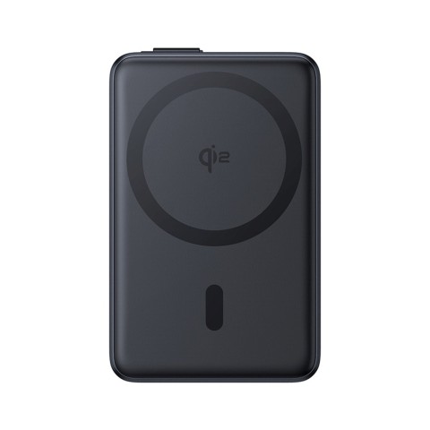
10000 mAh magnetinė išorinė baterija su stovu ir integruotu USB-C Qi2 MagSafe 30W laidu – juoda
