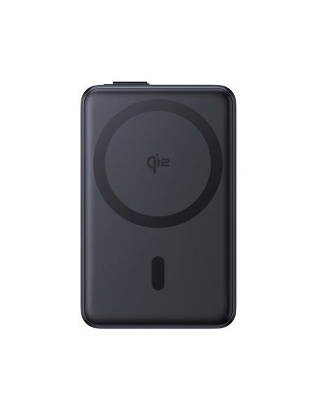 
10000 mAh magnetinė išorinė baterija su stovu ir integruotu USB-C Qi2 MagSafe 30W laidu – juoda

