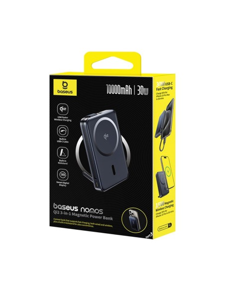 
10000 mAh magnetinė išorinė baterija su stovu ir integruotu USB-C Qi2 MagSafe 30W laidu – juoda
