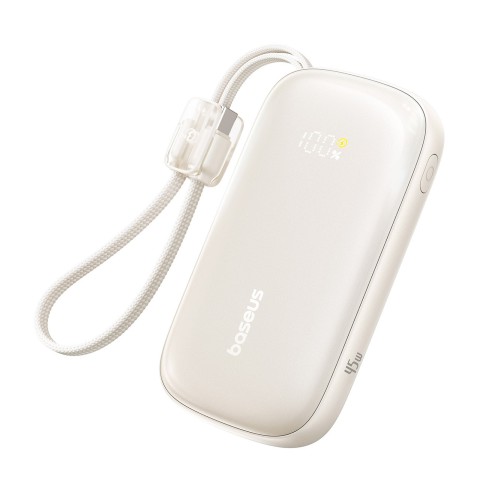 
Išorinė baterija 10000mAh 45W FC21 Qpow 3 Ultra su ekranu, USB-C iPhone Lightning laidas - titano spalvos
