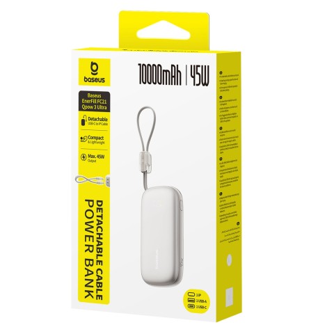
Išorinė baterija 10000mAh 45W FC21 Qpow 3 Ultra su ekranu, USB-C iPhone Lightning laidas - titano spalvos
