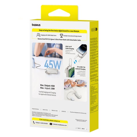 
Išorinė baterija 10000mAh 45W FC21 Qpow 3 Ultra su ekranu, USB-C iPhone Lightning laidas - titano spalvos
