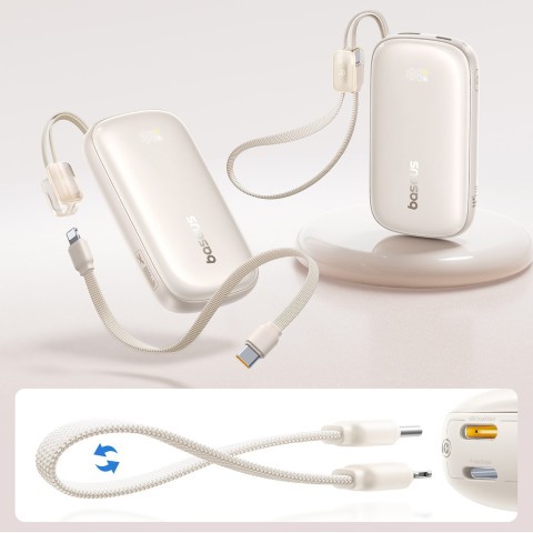 
Išorinė baterija 10000mAh 45W FC21 Qpow 3 Ultra su ekranu, USB-C iPhone Lightning laidas - titano spalvos
