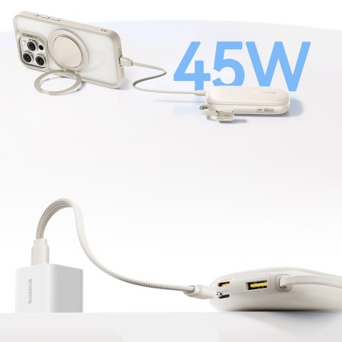 
Išorinė baterija 10000mAh 45W FC21 Qpow 3 Ultra su ekranu, USB-C iPhone Lightning laidas - titano spalvos
