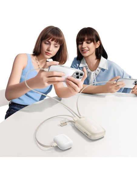 
Išorinė baterija 10000mAh 45W FC21 Qpow 3 Ultra su ekranu, USB-C iPhone Lightning laidas - titano spalvos
