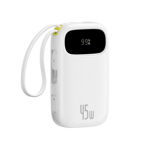 
Išorinė baterija 10000mAh 45W FC31 Qpow 3 su ekranu, USB-C, iPhone Lightning laidas – baltas
