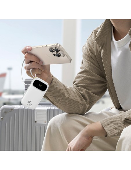 
Išorinė baterija 10000mAh 45W FC31 Qpow 3 su ekranu, USB-C, iPhone Lightning laidas – baltas
