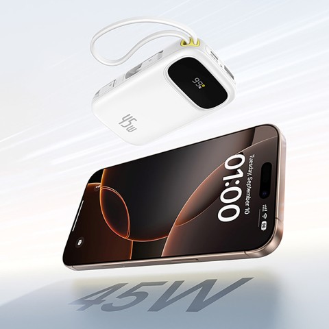 
Išorinė baterija 10000mAh 45W FC31 Qpow 3 su ekranu, USB-C, iPhone Lightning laidas – baltas
