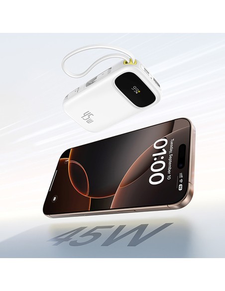 
Išorinė baterija 10000mAh 45W FC31 Qpow 3 su ekranu, USB-C, iPhone Lightning laidas – baltas
