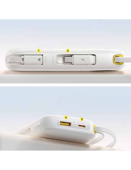 
Išorinė baterija 10000mAh 45W FC31 Qpow 3 su ekranu, USB-C, iPhone Lightning laidas – baltas

