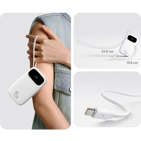 
Išorinė baterija 10000mAh 45W FC31 Qpow 3 su ekranu, USB-C, iPhone Lightning laidas – baltas
