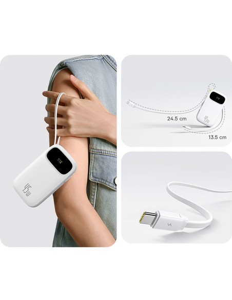 
Išorinė baterija 10000mAh 45W FC31 Qpow 3 su ekranu, USB-C, iPhone Lightning laidas – baltas
