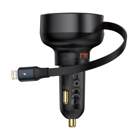 
USB-A automobilinis įkroviklis su ištraukiamu „iPhone Lightning“ laidu, 55 W – juodas
