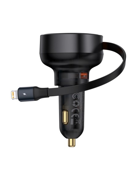 
USB-A automobilinis įkroviklis su ištraukiamu „iPhone Lightning“ laidu, 55 W – juodas
