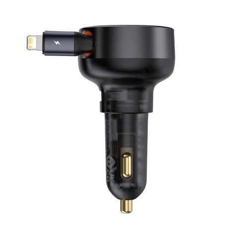 
USB-A automobilinis įkroviklis su ištraukiamu „iPhone Lightning“ laidu, 55 W – juodas
