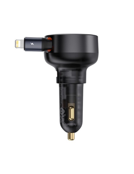 
USB-A automobilinis įkroviklis su ištraukiamu „iPhone Lightning“ laidu, 55 W – juodas
