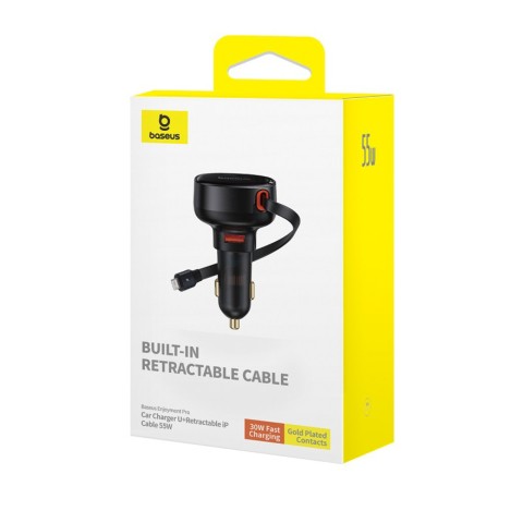
USB-A automobilinis įkroviklis su ištraukiamu „iPhone Lightning“ laidu, 55 W – juodas
