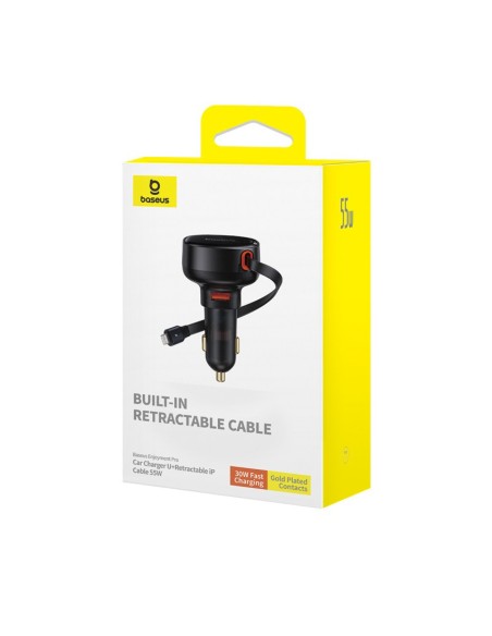 
USB-A automobilinis įkroviklis su ištraukiamu „iPhone Lightning“ laidu, 55 W – juodas
